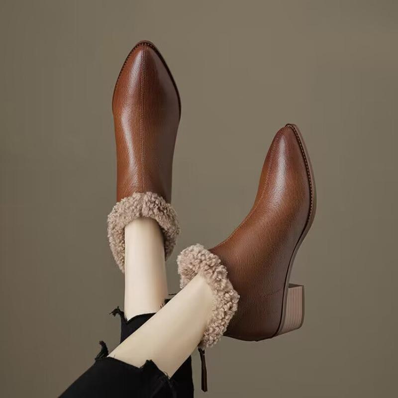 Women Ankle Snow Boots Elegant Pointed Toe Warm Short Plush Mid Heels Shoes Woman Winter New 2025 Trend Chelsea Fashion Botas