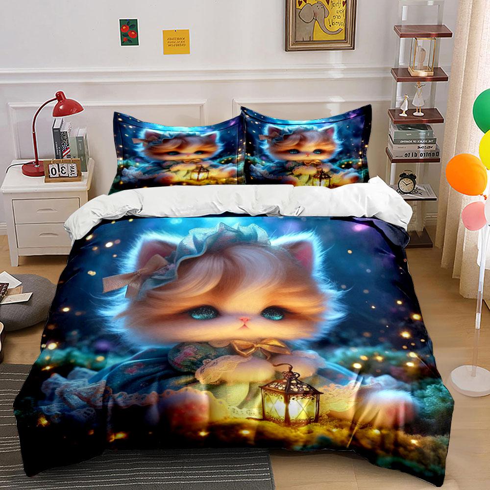 Adorable Cat With Lantern Magical Forest Duvet Cover Set With 3D Printing Design Soft Polyester Bedding Set All-Season Comfort