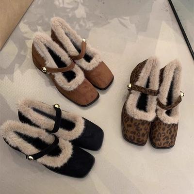 Vintage Platform Thick Sole Women Fur Lining Mary Jane Shoes Fashion Slip On Shoes Ladies Dress Thick Heel Warm Cotton Shoes