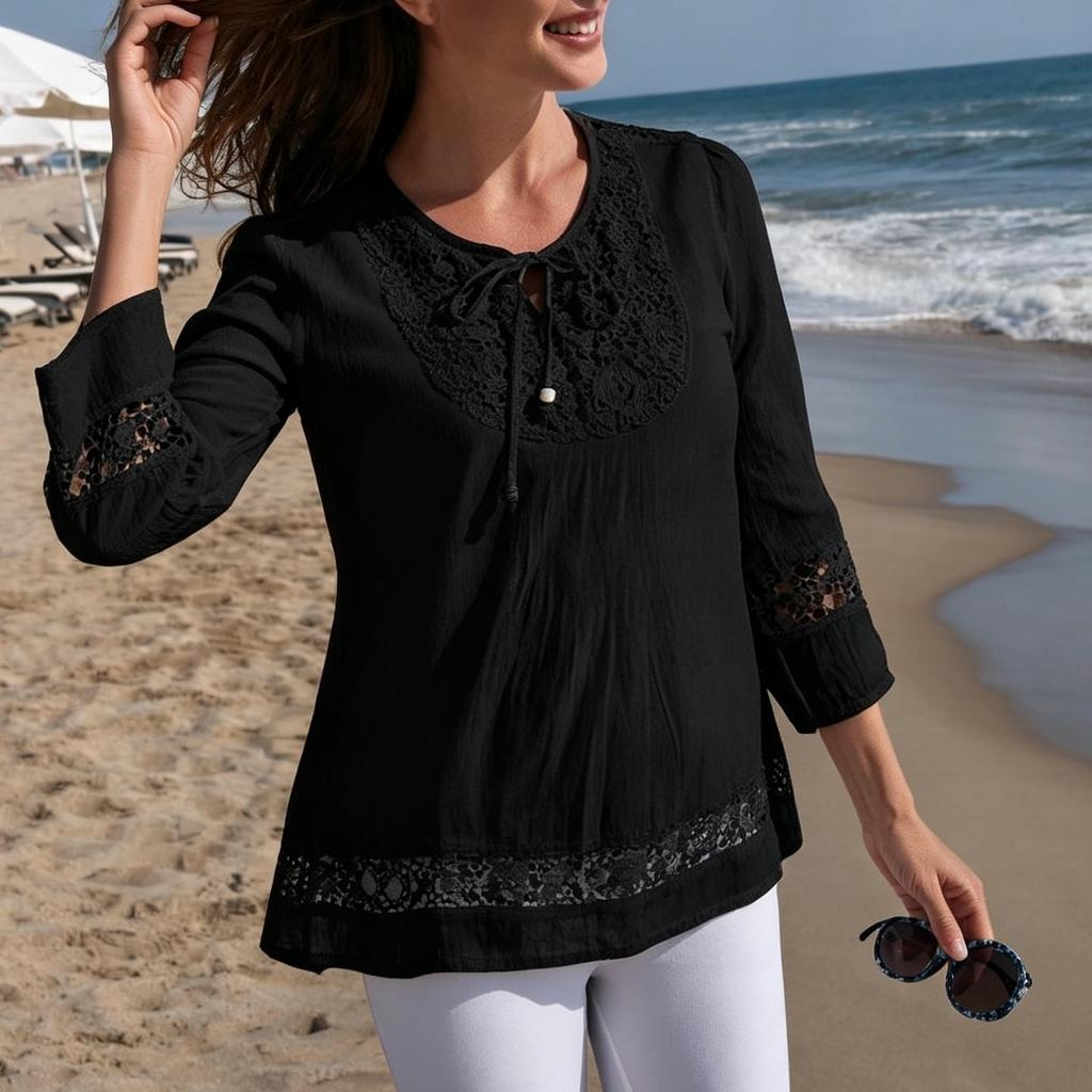 New autumn, cotton and linen splicing lace temperament European and American/loose sleeves, women's top T-shirt