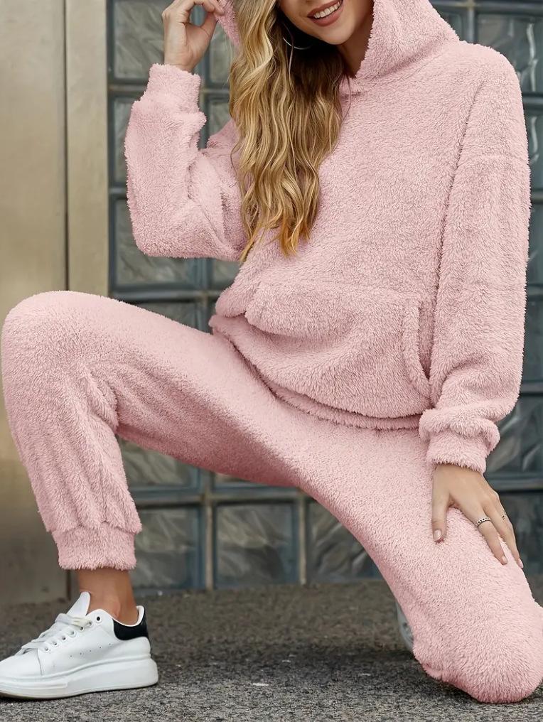 Autumn/Winter 2025 Women's Solid Plush Hooded Long Sleeve and Pants Set - European & American Style Casual Wear