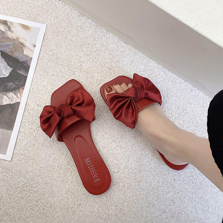 2025 Spring/Summer Women's Square Toe Open Toe Bowknot Slides