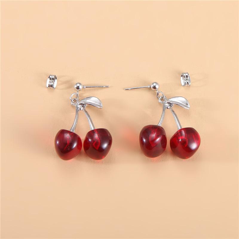 New Sweet Summer Red Transparent Cherry Fruit Fashion Long Ear Nail Earrings Fashion Black Anime Earring For Women Party Jewelry