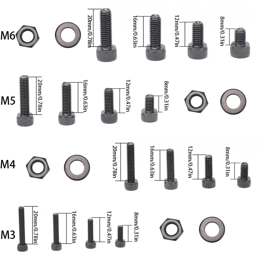 460pcs 12.9 grade black carbon steel knurled socket head cap screw set, DIN912 M3 M4 M5 M6 nuts and washers, for machinery.