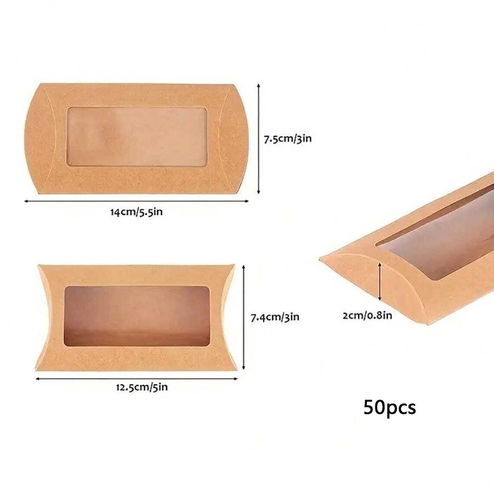 50Pcs Kraft Paper Pillow Box with Clear Window Party Favors Mini Pillow Packaging Box for Candy Chocolate Gift Jewelry Wedding