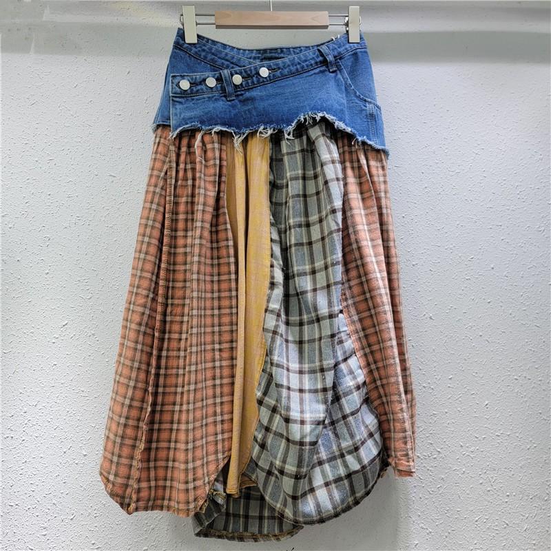 Womens Patchwork Plaid Denim Midi Skirt High Waist A-Line Slim Fit Street Style