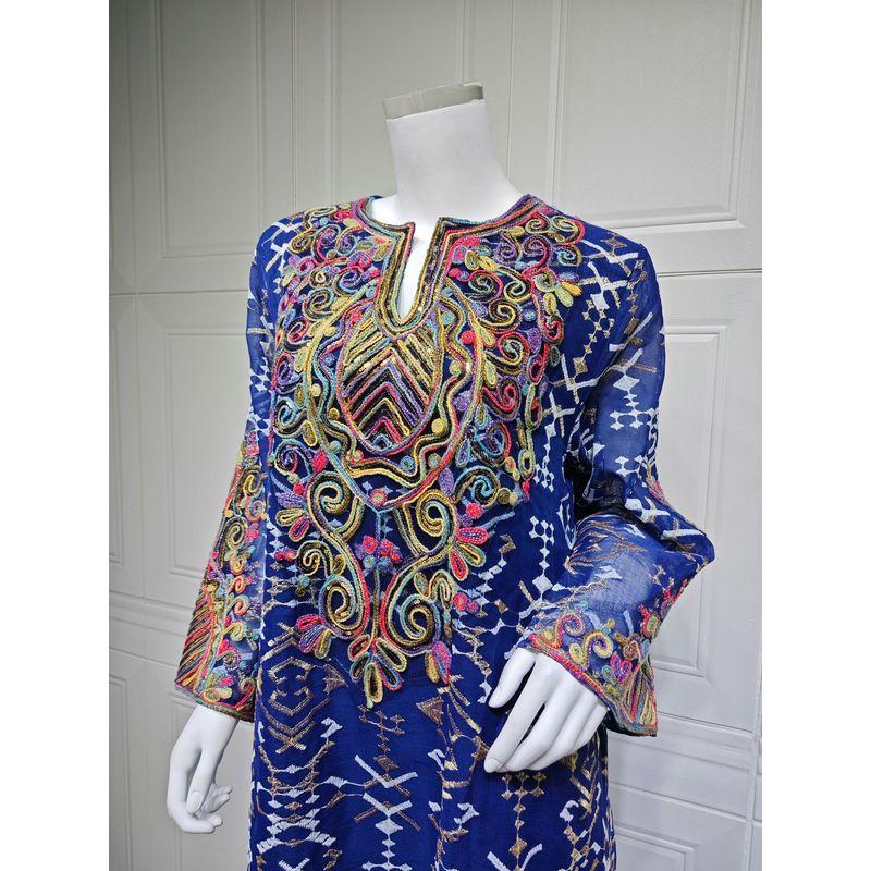 

2025 Индонезия Мода Сетка Вышивка Вышитая Лоскутная Роба Два Наряда Женщин Ближнего Востока Дубай Платье Платье Deep Blue L