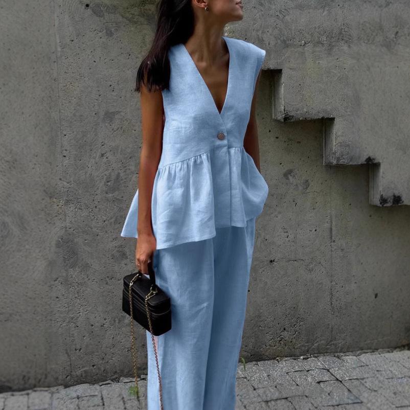 New Pink Sweet Two-Piece Set All-Cotton V-Neck Sleeveless Vest Top Long Pants Suit for Women