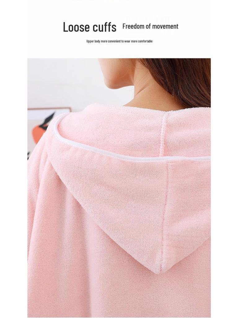 Women's Thickened Winter Hooded Bathrobe - Absorbent Coral Fleece Bath Towel with Long Sleeves and Bath Skirt