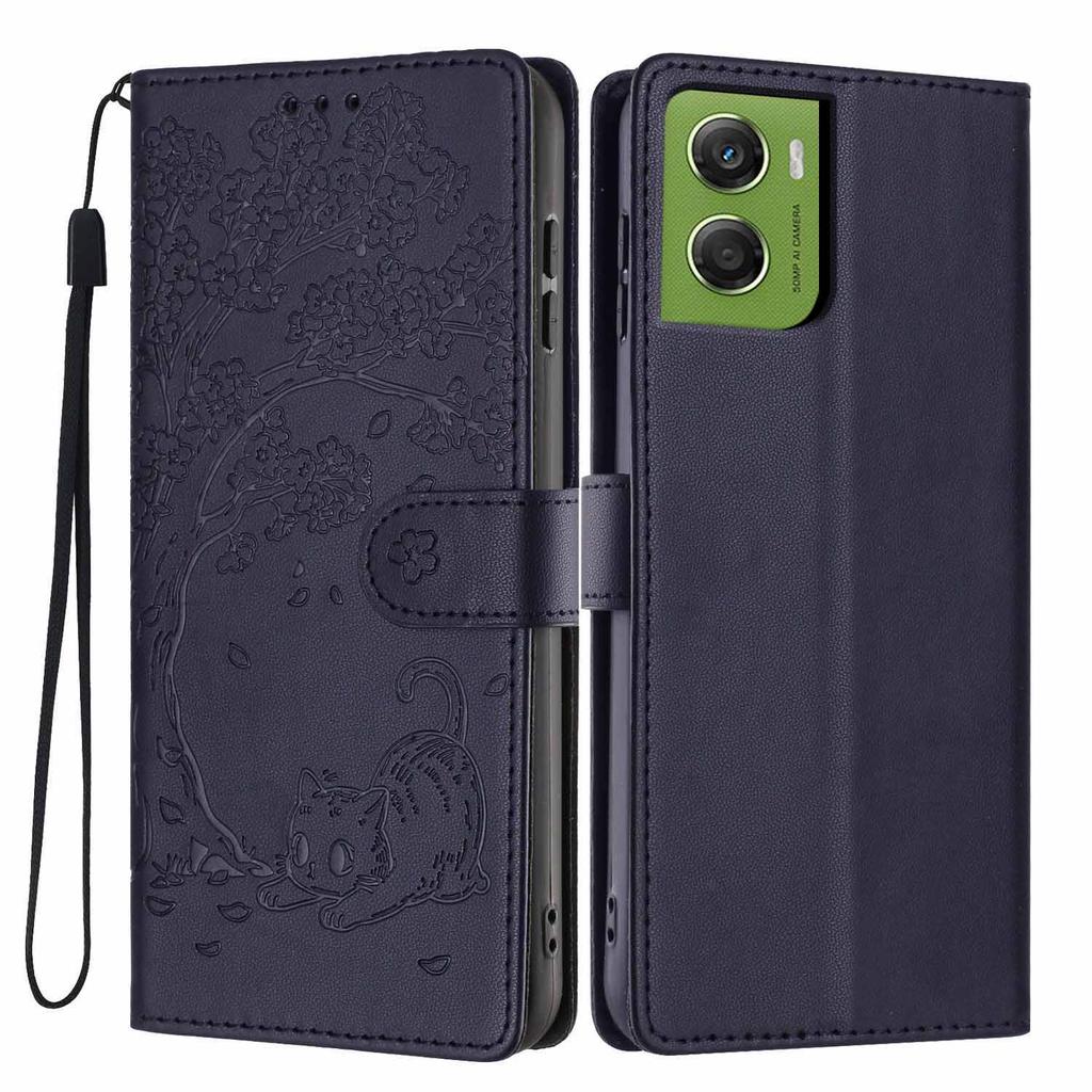 For Motorola Moto G06 4G/G06 Power 4G Stand Case Tree-and-Cat Pattern PU Leather Wallet Protective Phone Cover with Wrist Strap