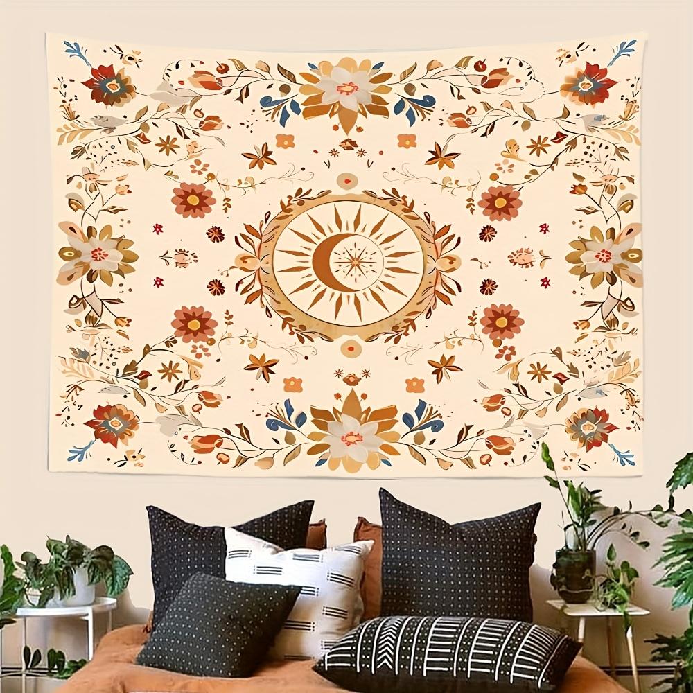 

1 Piece Bohemian Sun and Moon Floral Tapestry - Polyester Peach Skin Wall Hanging for Bedroom Aesthetic, Space Theme Art Decor 70X100cm