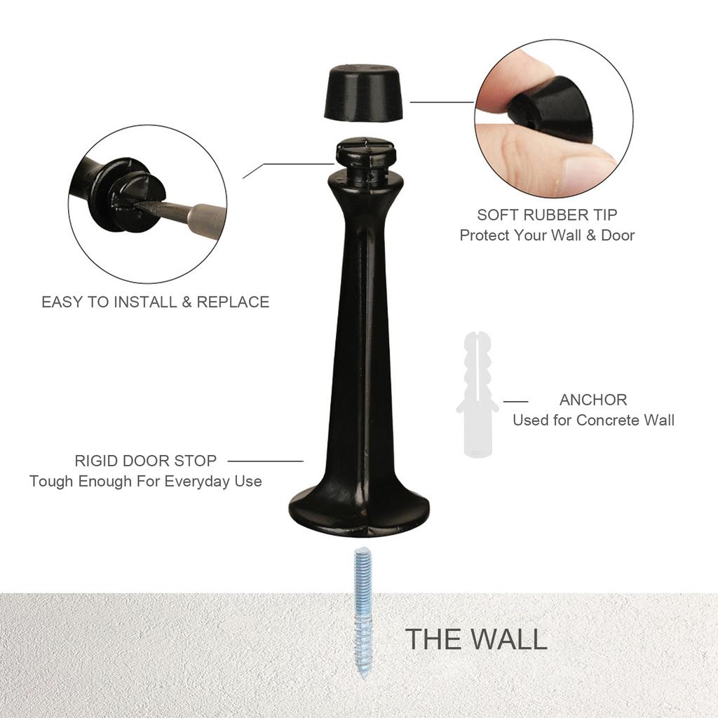 Black Silver Adjustable Heavy Duty Door Stopper Rigid Design Soft Rubber Tips Wall Protector Universal