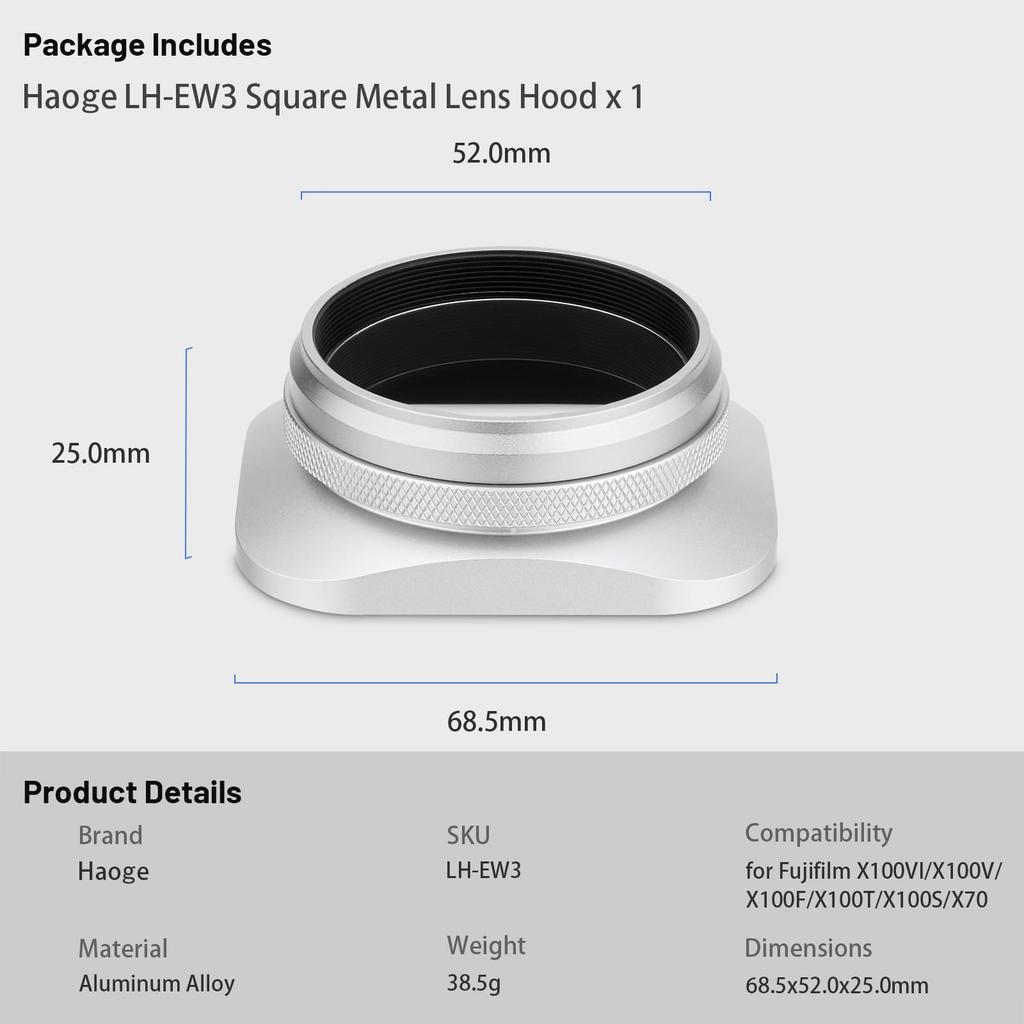 Haoge LH-EW3 Metal Square Lens Hood Shade with 49mm Adapter Ring for Fujifilm Fuji Finepix X100, X100S, X100T, X70, X100F, and X100V Cameras