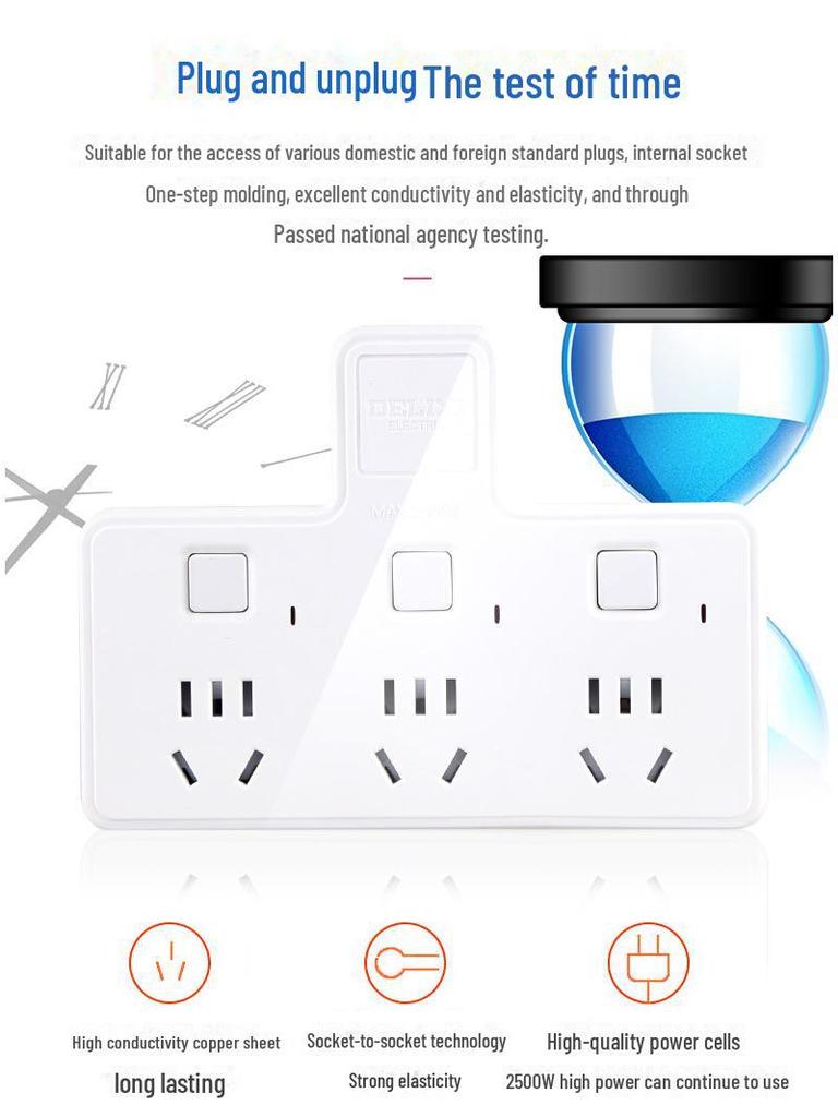 Delixi Multi-Function Socket Strip: One-to-Two Plug, Wire-Free, Multi-Hole Panel Expansion Converter.