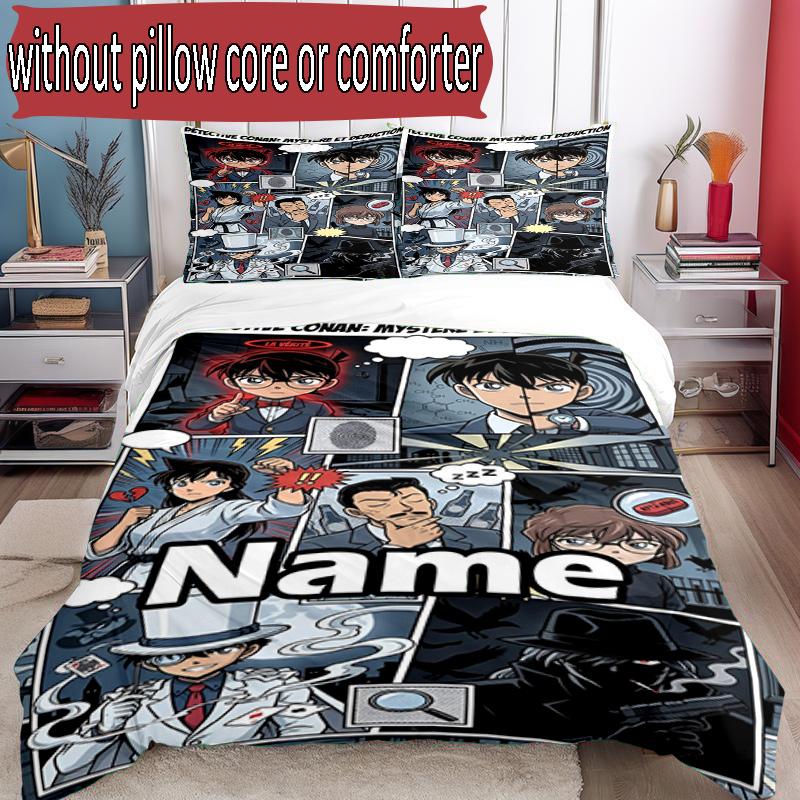 3pcs Duvet Cover Set (1*Duvet Cover + 2*Pillowcase, Without Core), Custom Name Detective Conan Pattern Bedding Set, Home Bedroom Decor Gift