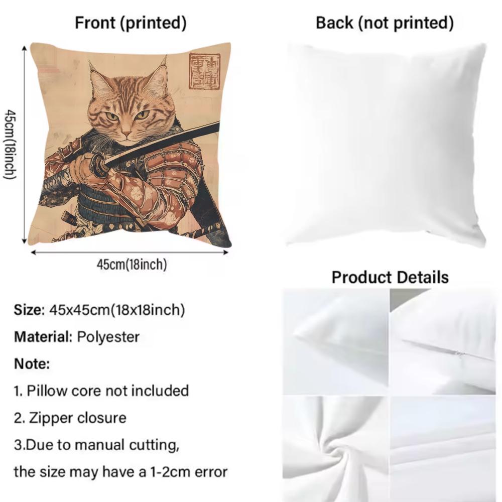 Japanese Style Samurai Cat Cushion Cover Pattern Printed Pillowcase for Living Room Sofa Cushion Cover & Bedroom Decor