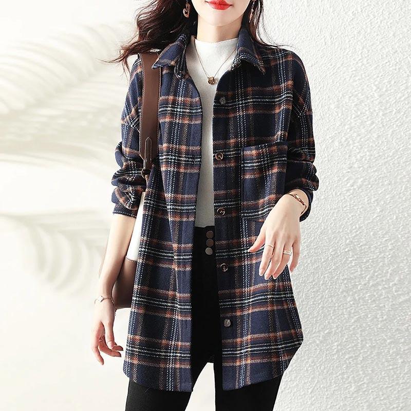 Coat for Women Cotton Casual Oversize Double Layer Plaid Long Shirt Top Jacket