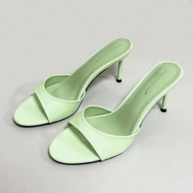 Fashion Elegant Thin High Heel Women Slippers Sexy Peep Toe Slides Sandals Patent Leather Wedge Heeled Sandals Summer Party Dress Shoe