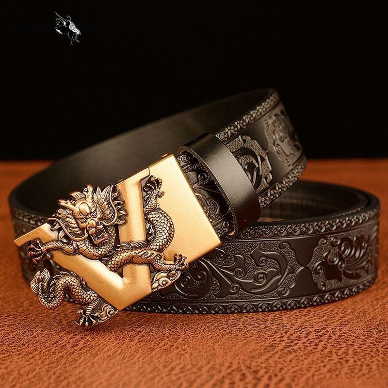 Carved Alloy Buckle Automatic Buckle Trouser Belt Genuine Leather Men's Belt Casual All-match Belt