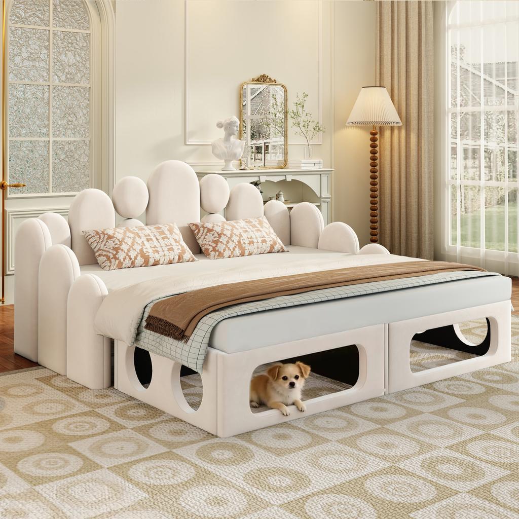 Divano letto imbottito con cuccia per animali domestici, Letto multifunzionale imbottito 2 in 1 180*200 cm, con morbido tessuto in velluto, Struttura a doghe e schienale, Beige.
