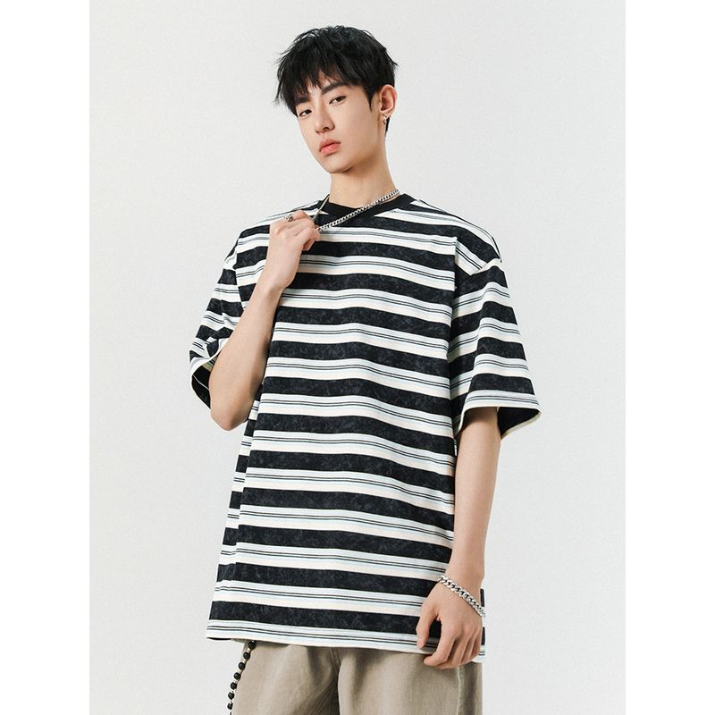 Wassup Trendy Japanese Style Color-Block Striped Short-Sleeve T-Shirt for Men, Summer Loose Fit Versatile Trendy Tee Men's Half-Sleeve Top