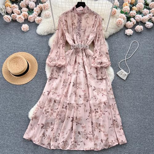 Autumn Elegant Dresses for Women Long Puff Sleeve Stand Collar Lapel Single Chiffon Floral Print Vestidos Skinny Dress Dropship