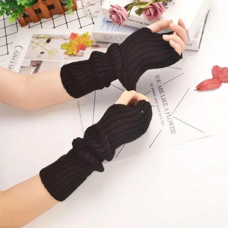 Long Fingerless Gloves Women‘s Mitten Winter Arm Warmer Knitted Arm Sleeve Fine Casual Soft Girls Goth Clothes Punk Gothic Glove