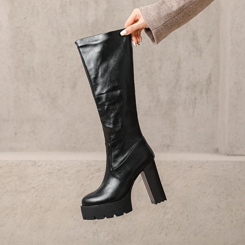 Women's high-heeled boots autumn and winter new waterproof table thick-heeled large-size solid-color medium boots