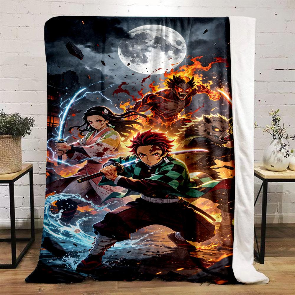 "Anime Warriors Under Full Moon" Patterned flannel blanket perfect for the bedroom living room, sofa, or a little nap