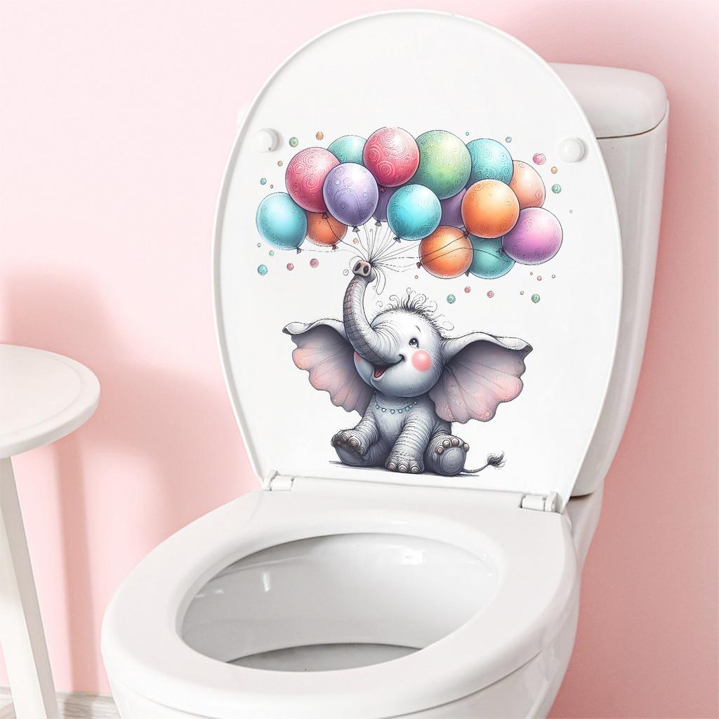 Watercolor Cartoon Elephant with Balloons Toilet Sticker Self-Adhesive Removable for Kids Bathroom Bedroom Decor