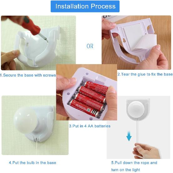2 Pack Stick-Up Battery Operated Light Bulb, Battery Powered Wireless LED Closet Light Bulb, Self Adhesive Wall Mounted Light Fixture with Pull Chain