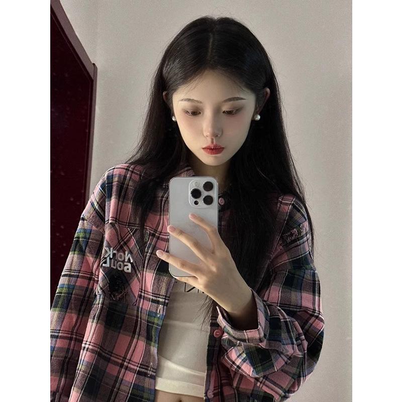 Women's Pink Plaid Embroidered Shirt Jacket - Autumn/Winter Small Size Loose Fit Casual Outerwear