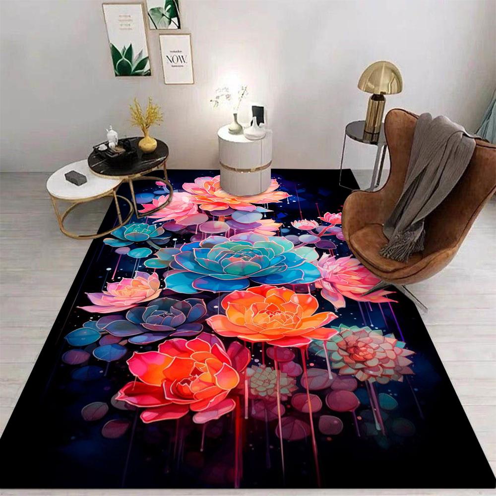 Floral Art Carpet With Luxury Blue Flower Lotus Golden Branch Rose Watercolor Flowers Abstract Designs Rug For Home Decor