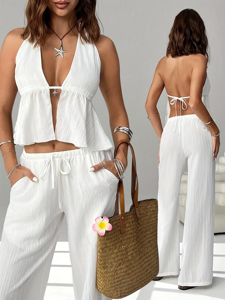 2-teiliges Bekleidungsset, bestehend aus einem trägerlosen Neckholder-Top und einer Hose mit weitem Bein und Kordelzug, geeignet für Freizeitkleidung, Damen-Strandmode