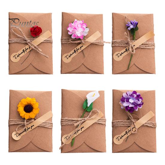 Special Paper Cards for Souvenirs 5Pcs DIY Dried Flower Greeting Cards, Handmade Note with Artificial Flowers, Jute Twine Romantic Sunflower Rose Hang