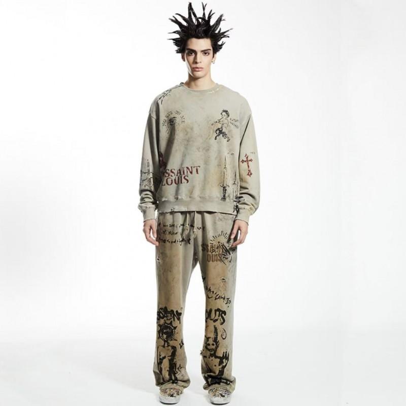 SSSAINT LOUIS Vintage Distressed Graphic Print Hoodie Mens Loose Fit Long Sleeve Pullover