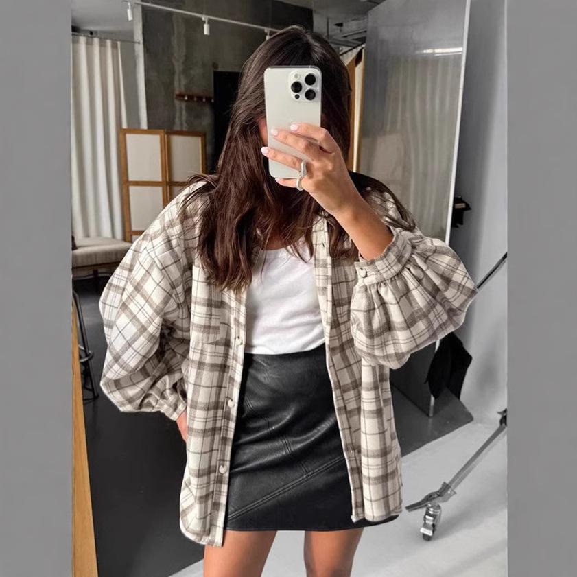 Frühling und Sommer klassisches Retro-Karopartiehemd Damen locker Streetstyle Karopartie Oberteil Freizeit Damenbekleidung