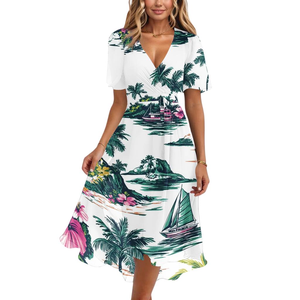 Women's Fashion Casual V Neck Short Sleeve Ruffled Vintage Printed Dresses