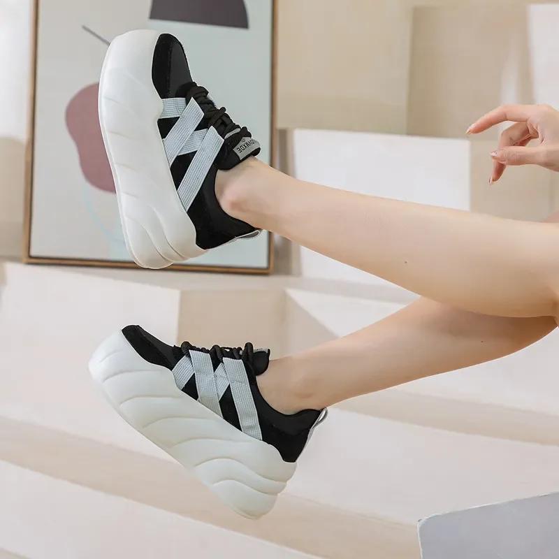 Fashion 8cm Synthetic Women Stable High Platform Chunky Sneakers Fashion Spring Autumn Vulcanize Cow Genuine Leather Lace Up Shoes