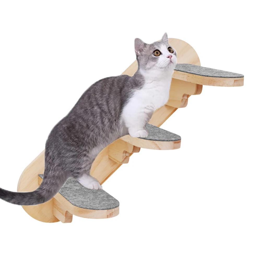 A resting station for indoor cats: Wall-mounted three-step solid wood cat ladder with felt, Sturdy and durable for free movement