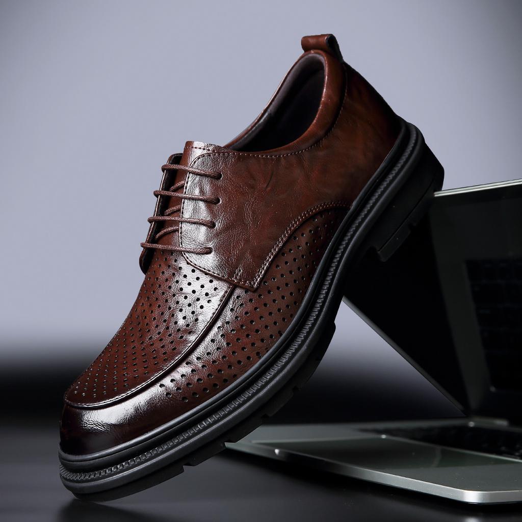 2025 summer hollow leather shoes British style men's shoes business soft sole suit leather shoes breathable and comfortable trend