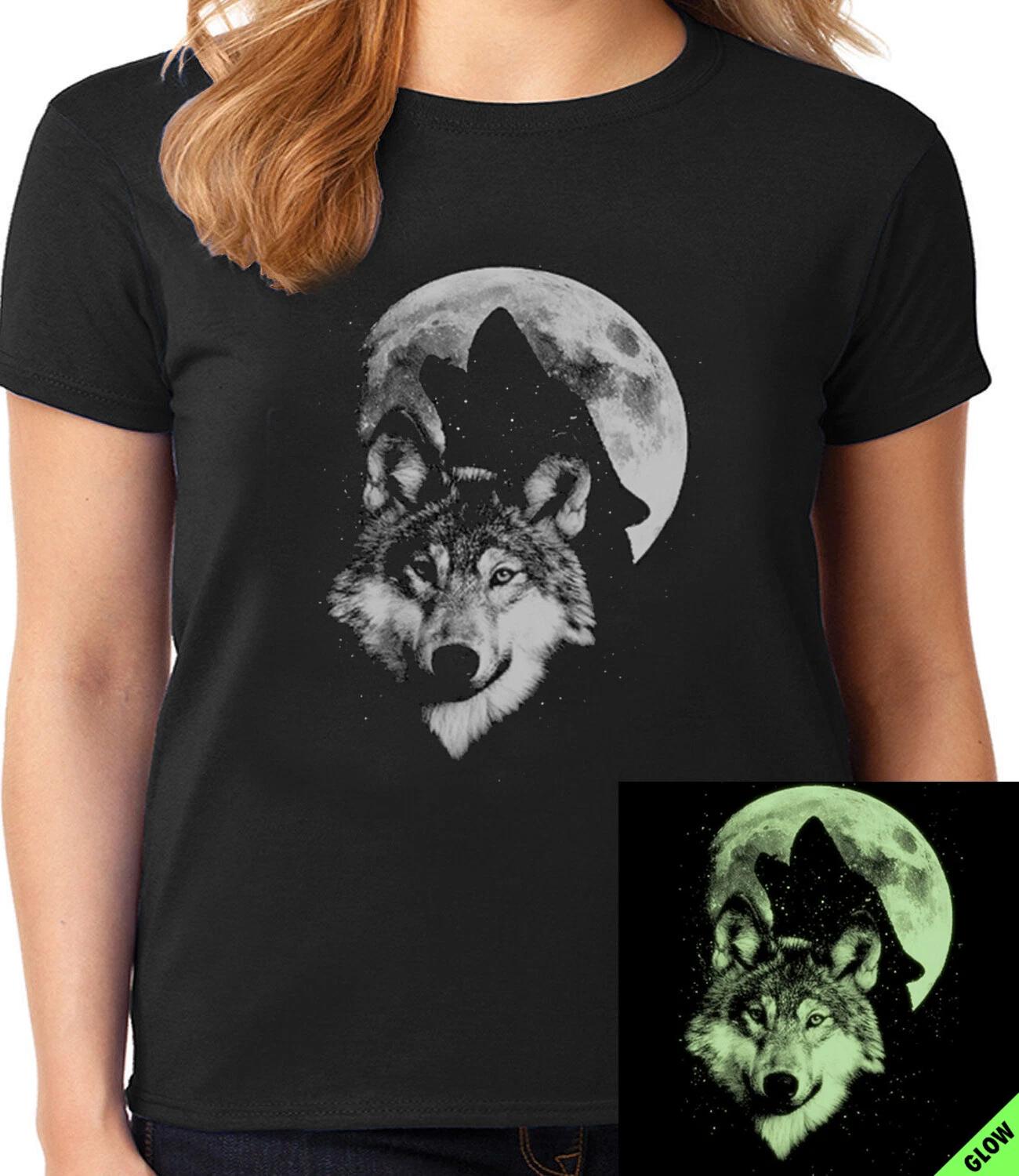 Halloween T-shirt Women Glow In The Dark T-shirt Wolf Howling Moon Ladies Tee XXXXL