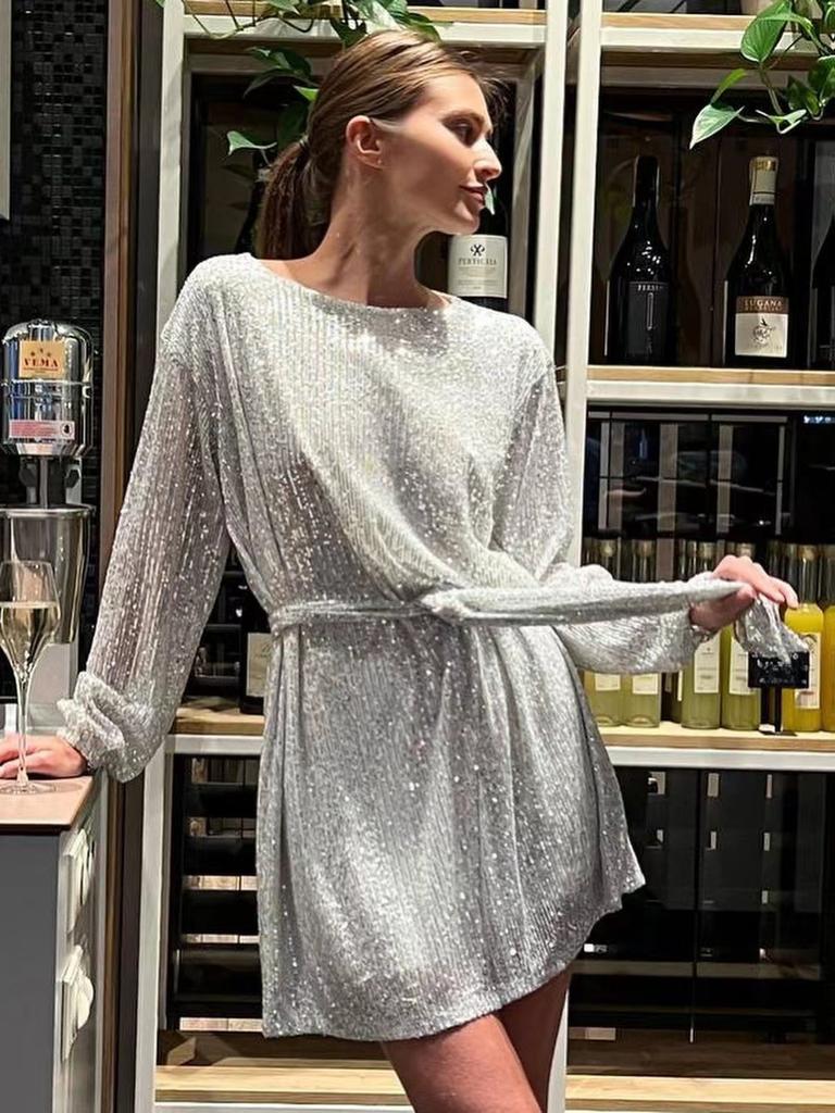 New Festive Party Shiny Sequins Color-Block Slim Fit Dress Mini Cocktail Dress