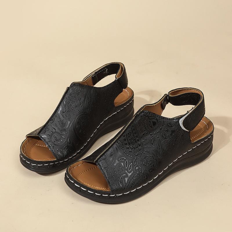 

Большой размер 43 Сандалии на платформе и танкетке с открытым носком, женские, новинка 2025, с задней застежкой-липучкой, римские сандалии с рыбьим носком 43 чёрный