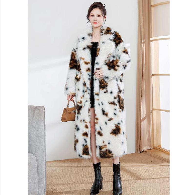 Women's leopard print imitation fur jacket fox hair long coat loose fashion printed fluff belt trench coat