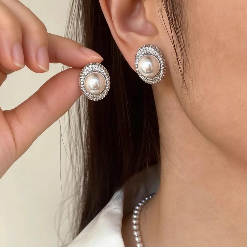 High-Quality Pearl Jewelry Set Women Zircon Stud Earrings Ring Pendant 8-9mm Freshwater
