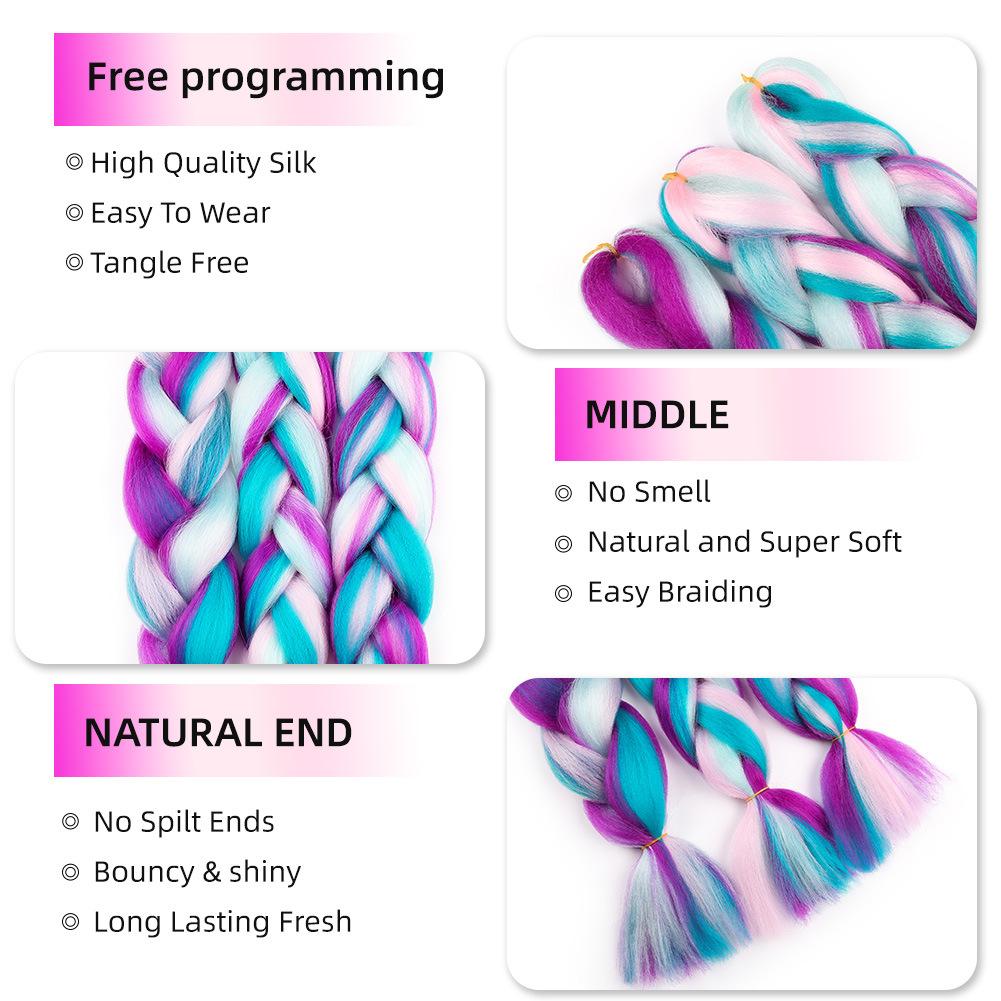 Rainbow Braiding Hair Extension 24 Inch 1 Pack Synthetic Profession Jumbo Braid in Hair Extensions 4 Tone Crochet Colored Hair Extensions for Braiding