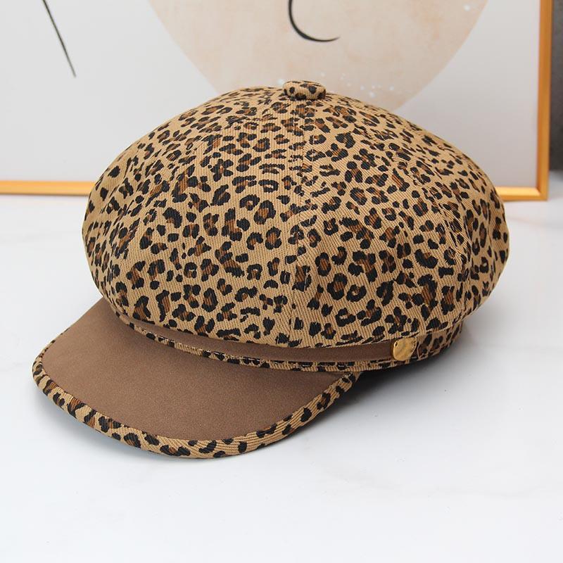 Cappello ottagonale con stampa leopardata autunnale e invernale da donna, cappello da strillone a splicing retrò, cappello da pittore alla moda versatile per il viso, stile britannico piccolo