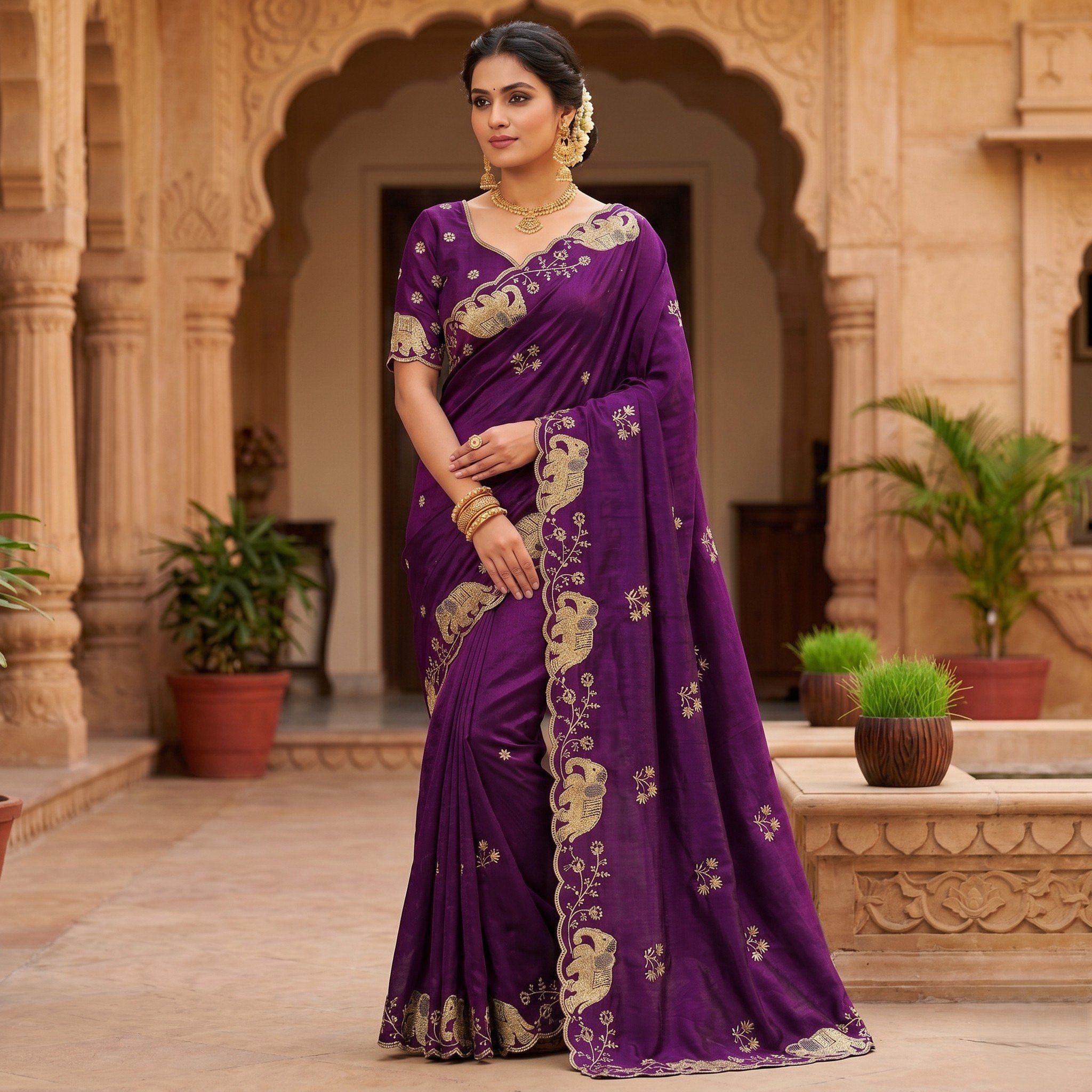 New Launch Party Wear Soft Space Silk Elephant Design Saree
