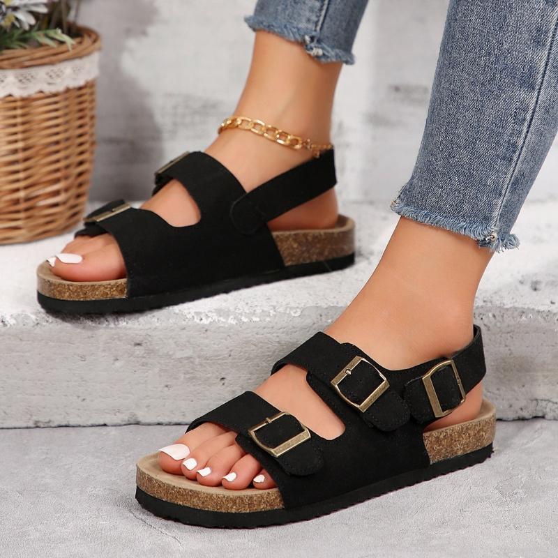 Women's Sandal with Frosted Leather Belt Buckle for Summer, New Cork Beach Sandals for Women, Non Slip Flat Sandals
